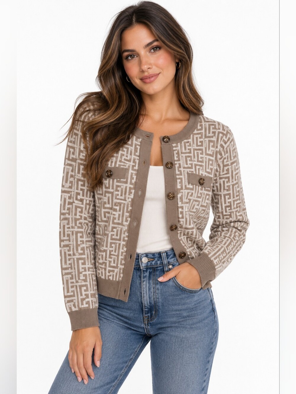 Women's ONLY YOU Beige & White Geometric Cardigan M/L